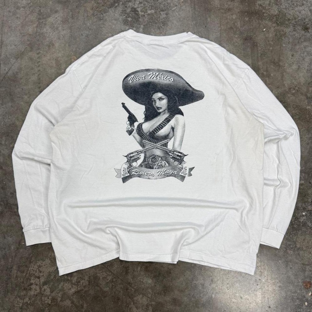 Vintage Y2K Viva Mexico Pin Up Shooter Long Sleeve Tee White XL Riviera Maya